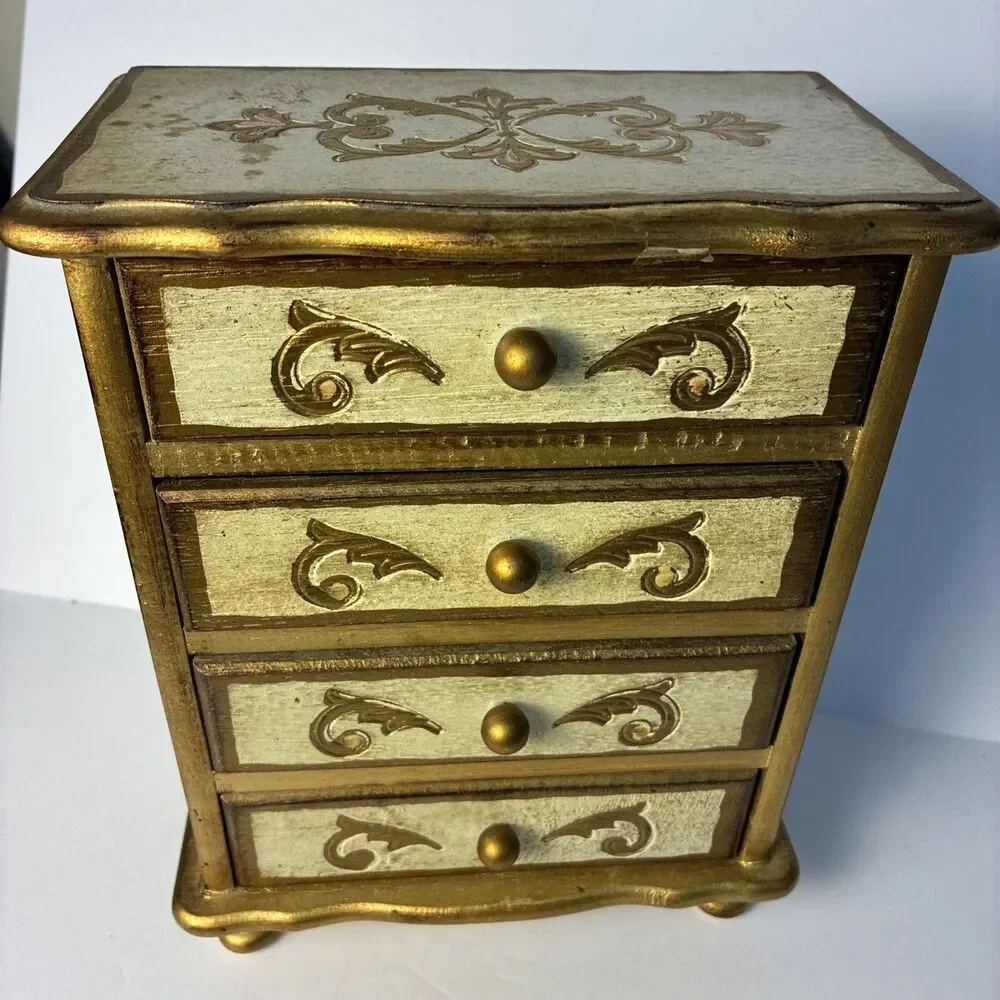 Rare Vintage Wooden Florentine Music Box Jewelry Box Dresser 3 Drawers Works